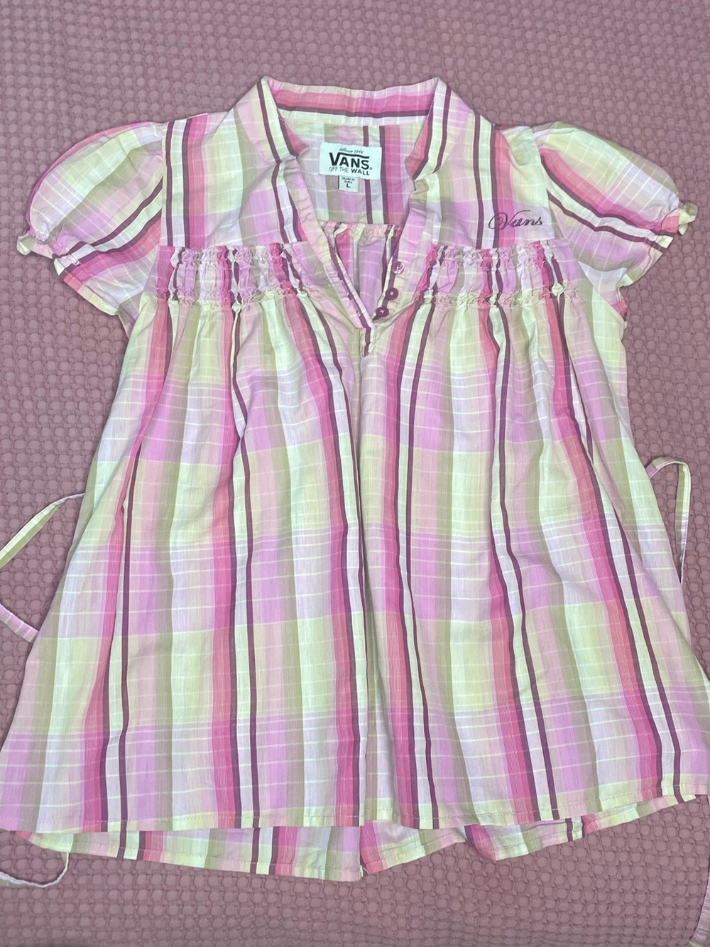 Vans Pink and Green Plaid Short Sleeve Blouse Y2K Vintage Size Large